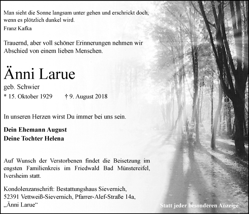  Traueranzeige für Änni Larue vom 18.08.2018 aus  Blickpunkt Euskirchen 