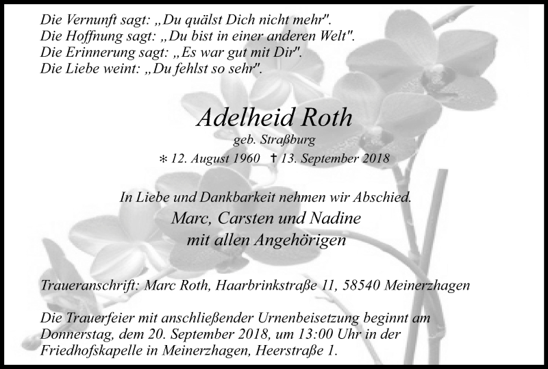  Traueranzeige für Adelheid Roth vom 18.09.2018 aus Kölner Stadt-Anzeiger / Kölnische Rundschau / Express