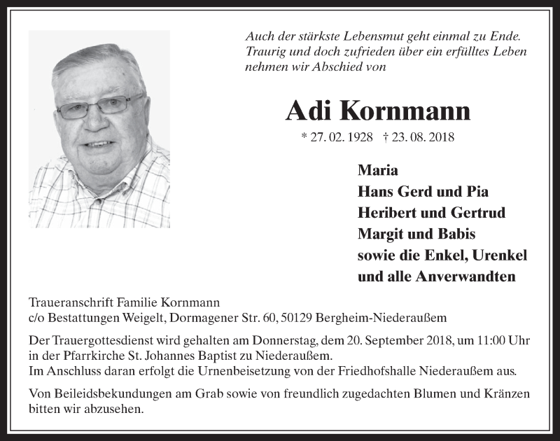  Traueranzeige für Adi Kornmann vom 12.09.2018 aus  Werbepost 