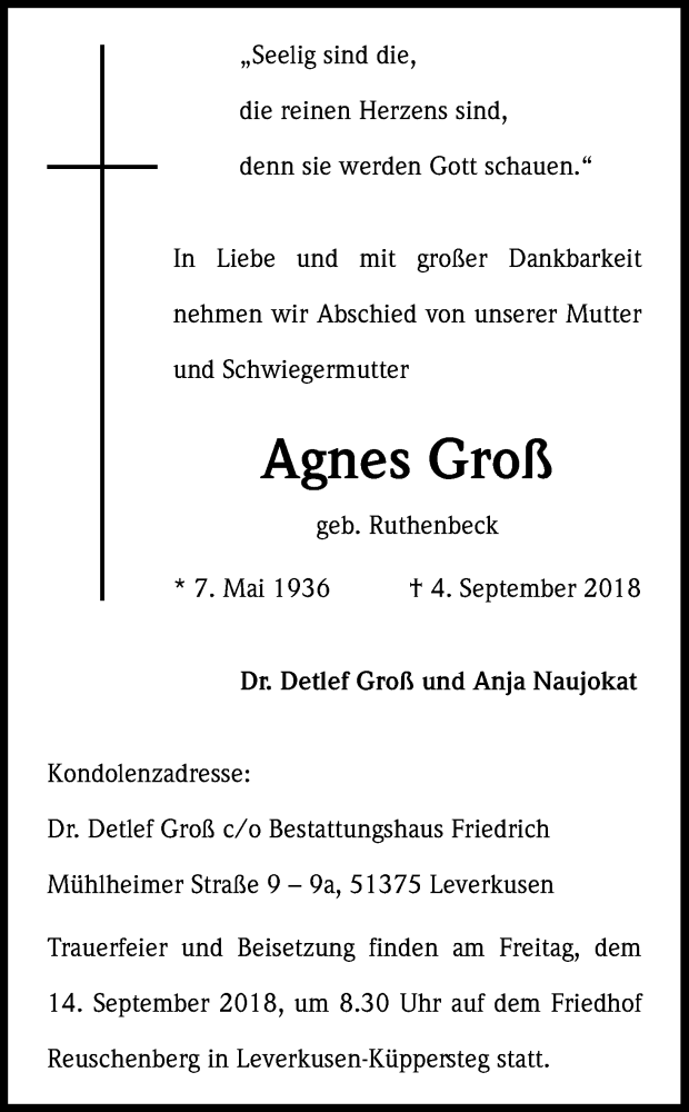 Traueranzeige für Agnes Groß vom 08.09.2018 aus Kölner Stadt-Anzeiger / Kölnische Rundschau / Express