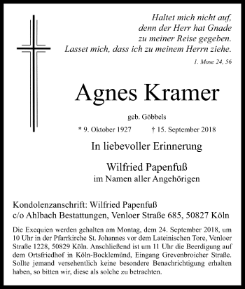 Anzeige von Agnes Kramer von Kölner Stadt-Anzeiger / Kölnische Rundschau / Express