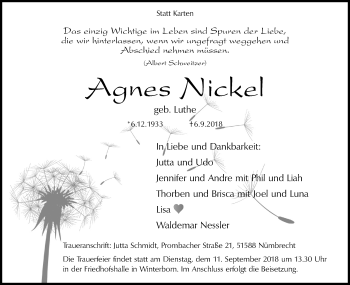 Anzeige von Agnes Nickel von Kölner Stadt-Anzeiger / Kölnische Rundschau / Express