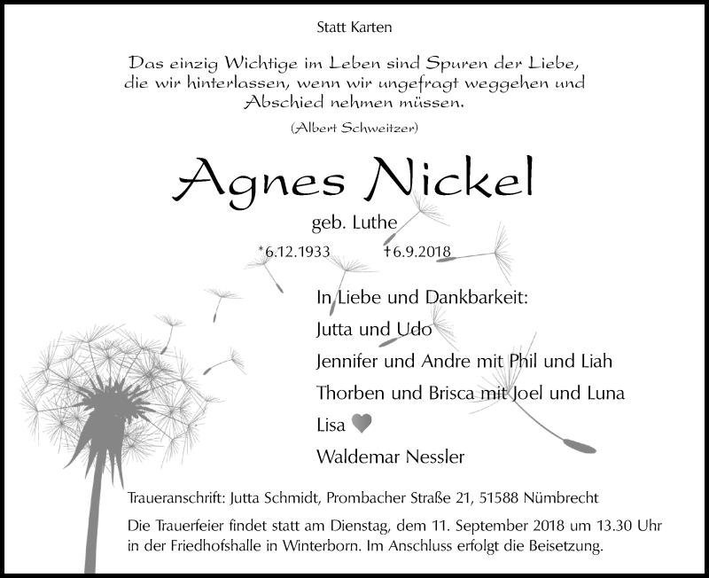  Traueranzeige für Agnes Nickel vom 08.09.2018 aus Kölner Stadt-Anzeiger / Kölnische Rundschau / Express