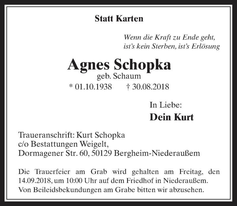  Traueranzeige für Agnes Schopka vom 12.09.2018 aus  Werbepost 
