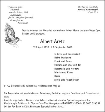 Anzeige von Albert Aretz von Kölner Stadt-Anzeiger / Kölnische Rundschau / Express