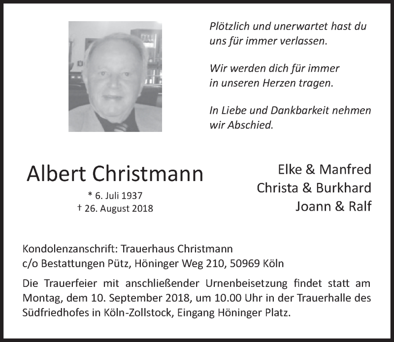  Traueranzeige für Albert Christmann vom 05.09.2018 aus  Kölner Wochenspiegel 