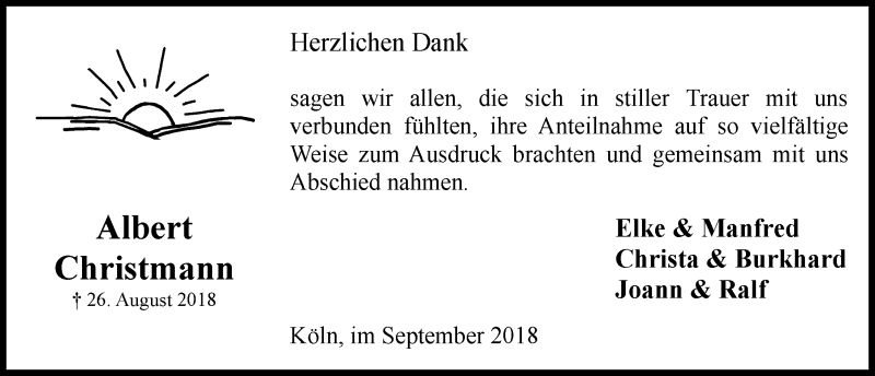  Traueranzeige für Albert Christmann vom 26.09.2018 aus  Kölner Wochenspiegel 