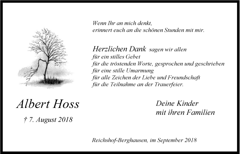  Traueranzeige für Albert Hoss vom 12.09.2018 aus  Anzeigen Echo 
