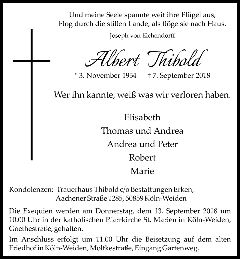  Traueranzeige für Albert Thibold vom 12.09.2018 aus Kölner Stadt-Anzeiger / Kölnische Rundschau / Express