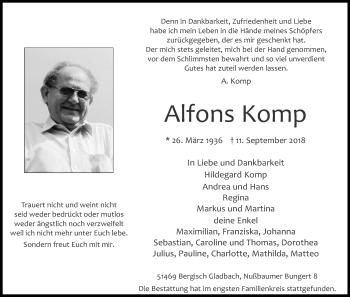 Anzeige von Alfons Komp von Kölner Stadt-Anzeiger / Kölnische Rundschau / Express