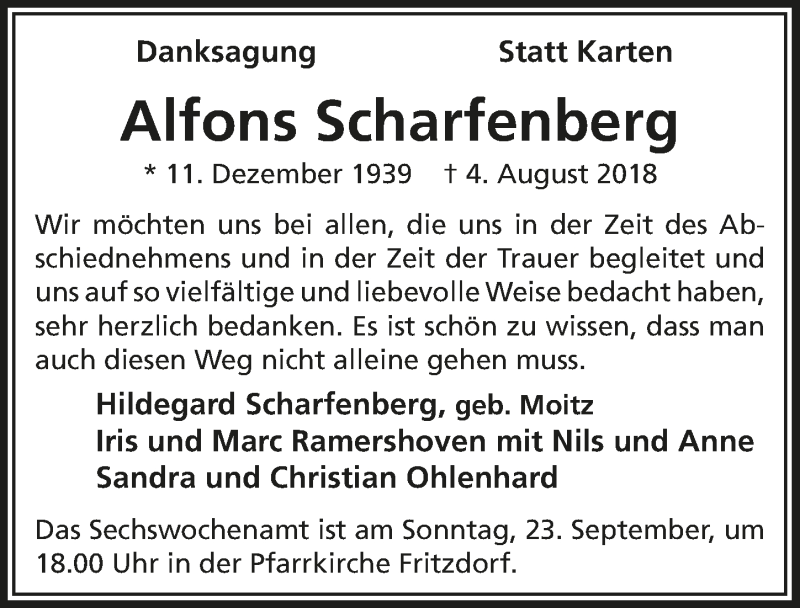 Traueranzeige für Alfons Scharfenberg vom 12.09.2018 aus  Schaufenster/Blickpunkt 