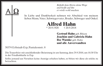 Anzeige von Alfred Hahn von  Werbepost 