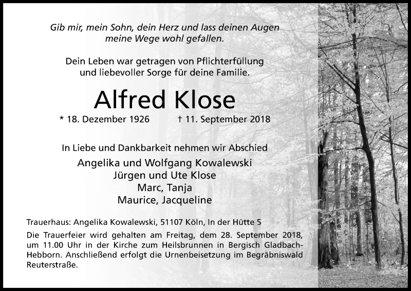  Traueranzeige für Alfred Klose vom 22.09.2018 aus Kölner Stadt-Anzeiger / Kölnische Rundschau / Express