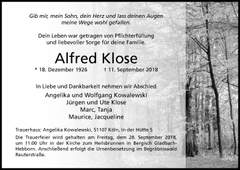Anzeige von Alfred Klose von Kölner Stadt-Anzeiger / Kölnische Rundschau / Express