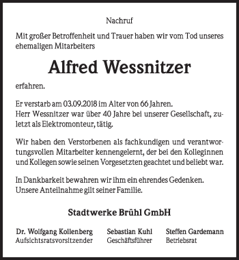 Anzeige von Alfred Wessnitzer von  Schlossbote/Werbekurier 