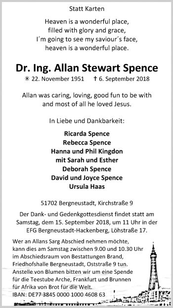 Anzeige von Allan Stewart Spence von Kölner Stadt-Anzeiger / Kölnische Rundschau / Express