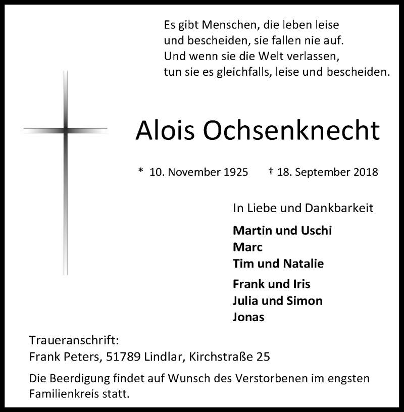  Traueranzeige für Alois Ochsenknecht vom 22.09.2018 aus Kölner Stadt-Anzeiger / Kölnische Rundschau / Express