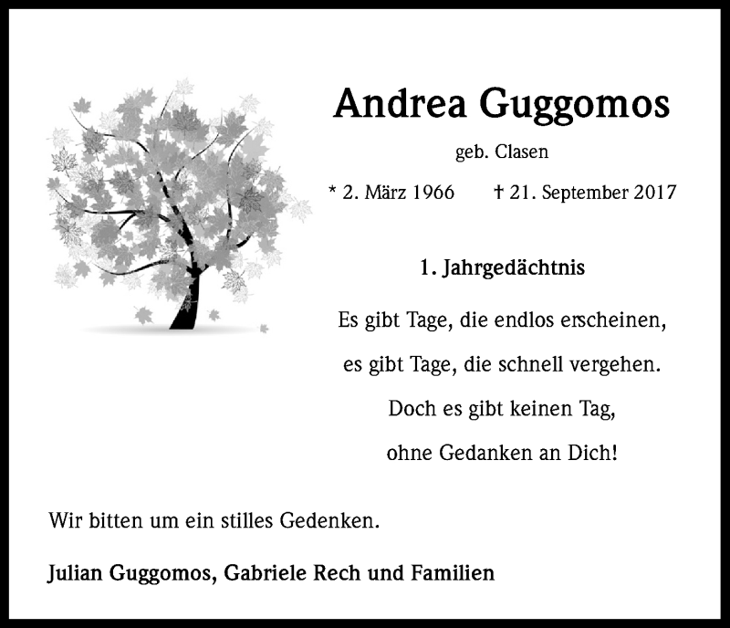  Traueranzeige für Andrea Guggomos vom 15.09.2018 aus Kölner Stadt-Anzeiger / Kölnische Rundschau / Express