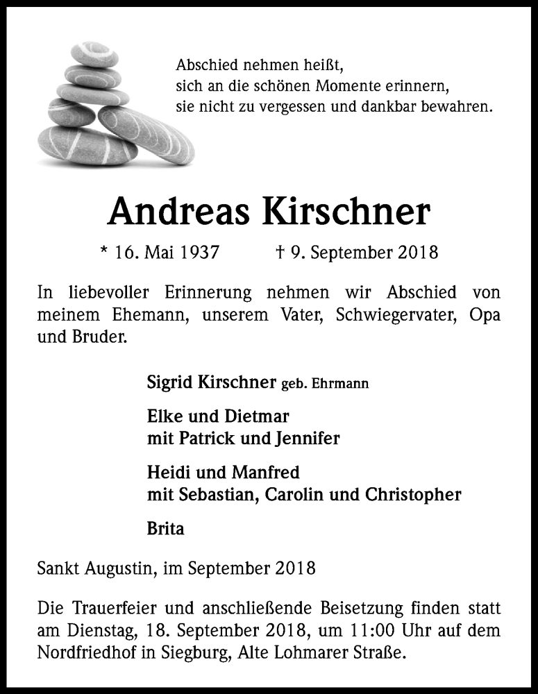  Traueranzeige für Andreas Kirschner vom 14.09.2018 aus Kölner Stadt-Anzeiger / Kölnische Rundschau / Express