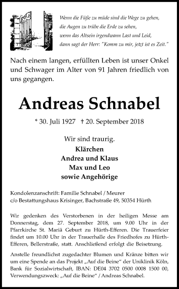 Anzeige von Andreas Schnabel von Kölner Stadt-Anzeiger / Kölnische Rundschau / Express