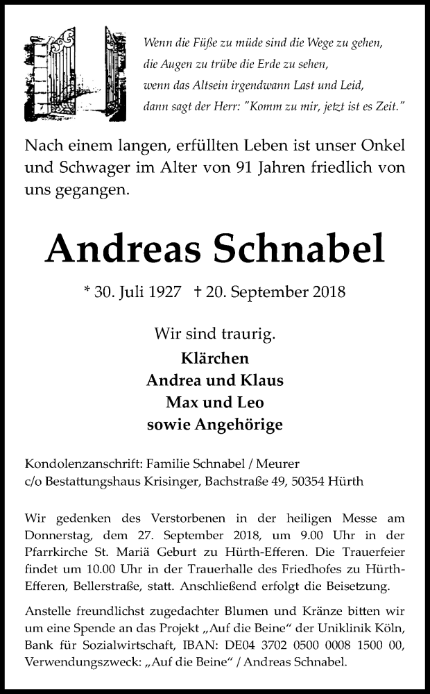  Traueranzeige für Andreas Schnabel vom 22.09.2018 aus Kölner Stadt-Anzeiger / Kölnische Rundschau / Express