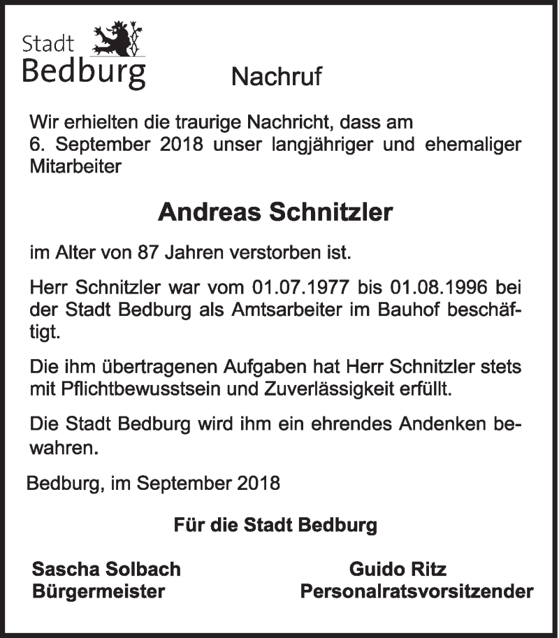  Traueranzeige für Andreas Schnitzler vom 22.09.2018 aus  Sonntags-Post 
