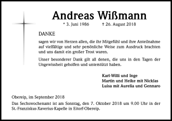 Anzeige von Andreas Wißmann von Kölner Stadt-Anzeiger / Kölnische Rundschau / Express