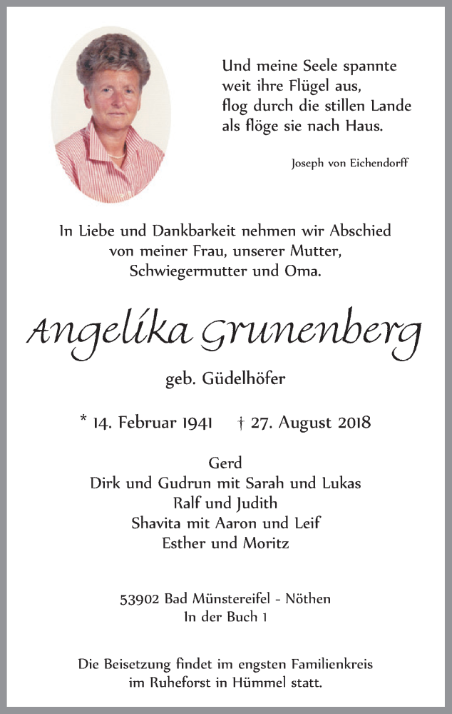  Traueranzeige für Angelika Grunenberg vom 22.09.2018 aus  Blickpunkt Euskirchen 