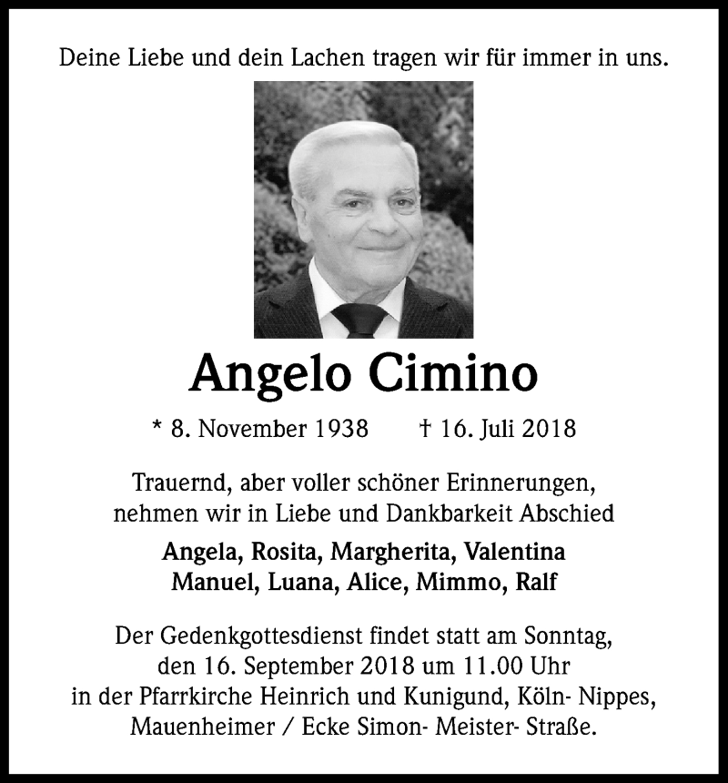  Traueranzeige für Angelo Cimino vom 08.09.2018 aus Kölner Stadt-Anzeiger / Kölnische Rundschau / Express
