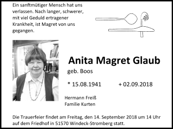 Anzeige von Anita Magret Glaub von Kölner Stadt-Anzeiger / Kölnische Rundschau / Express