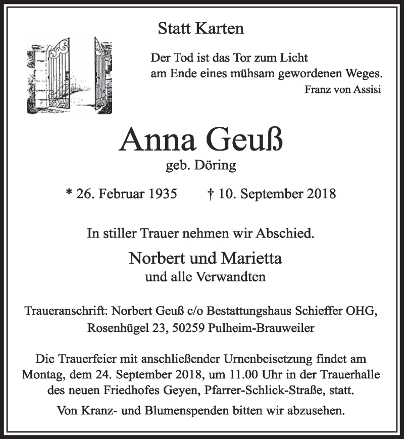 Traueranzeige für Anna Geuß vom 15.09.2018 aus  Sonntags-Post 