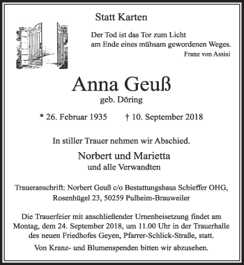 Anzeige von Anna Geuß von  Sonntags-Post 