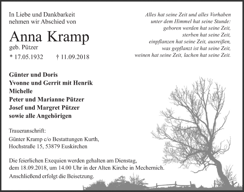  Traueranzeige für Anna Kramp vom 15.09.2018 aus  Blickpunkt Euskirchen 