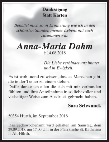 Anzeige von Anna-Maria Dahm von  Wochenende 