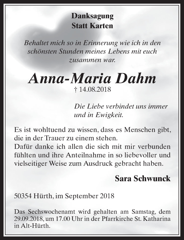  Traueranzeige für Anna-Maria Dahm vom 12.09.2018 aus  Wochenende 
