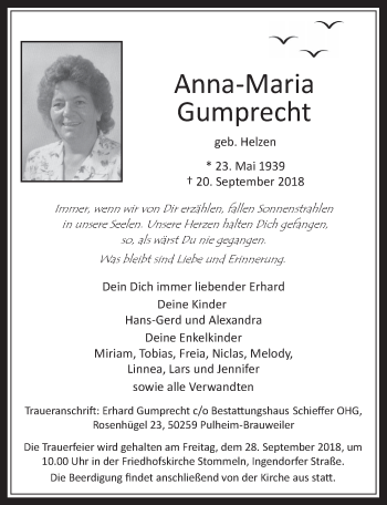 Anzeige von Anna-Maria Gumprecht von  Wochenende 