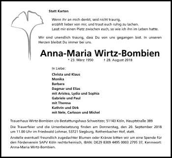 Anzeige von Anna-Maria Wirtz-Bombien von Kölner Stadt-Anzeiger / Kölnische Rundschau / Express