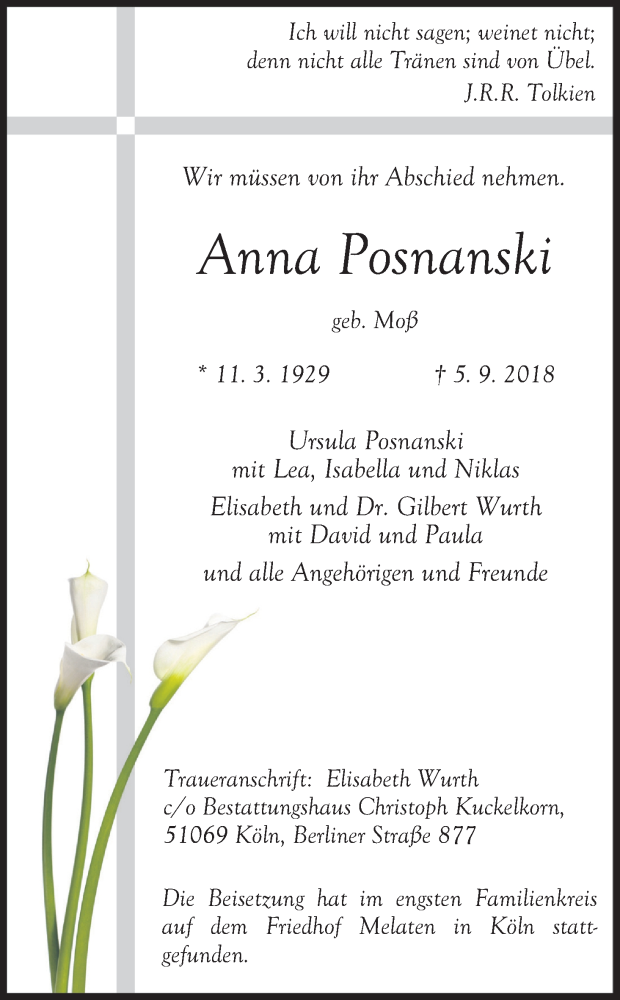  Traueranzeige für Anna Posnanski vom 13.09.2018 aus Kölner Stadt-Anzeiger / Kölnische Rundschau / Express