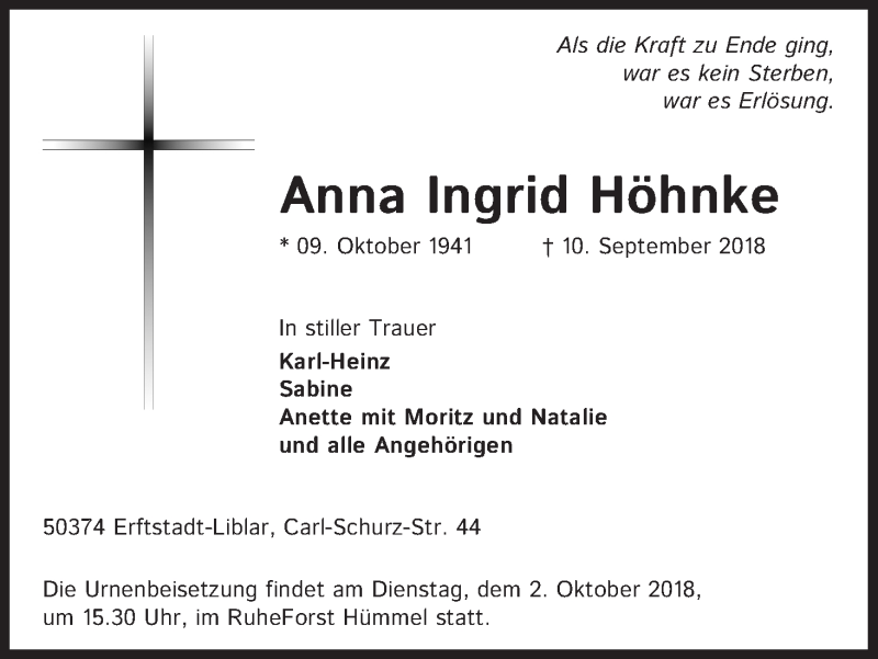  Traueranzeige für Anna Ingrid Höhnke vom 19.09.2018 aus Kölner Stadt-Anzeiger / Kölnische Rundschau / Express