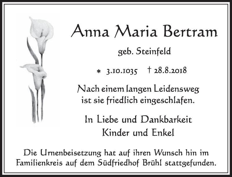  Traueranzeige für Anna Maria Bertram vom 05.09.2018 aus  Schlossbote/Werbekurier 