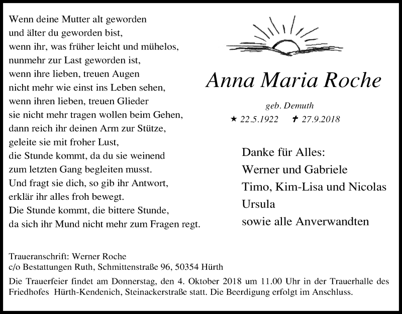  Traueranzeige für Anna Maria Roche vom 29.09.2018 aus Kölner Stadt-Anzeiger / Kölnische Rundschau / Express