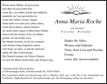 Anzeige von Anna Maria Roche von Kölner Stadt-Anzeiger / Kölnische Rundschau / Express