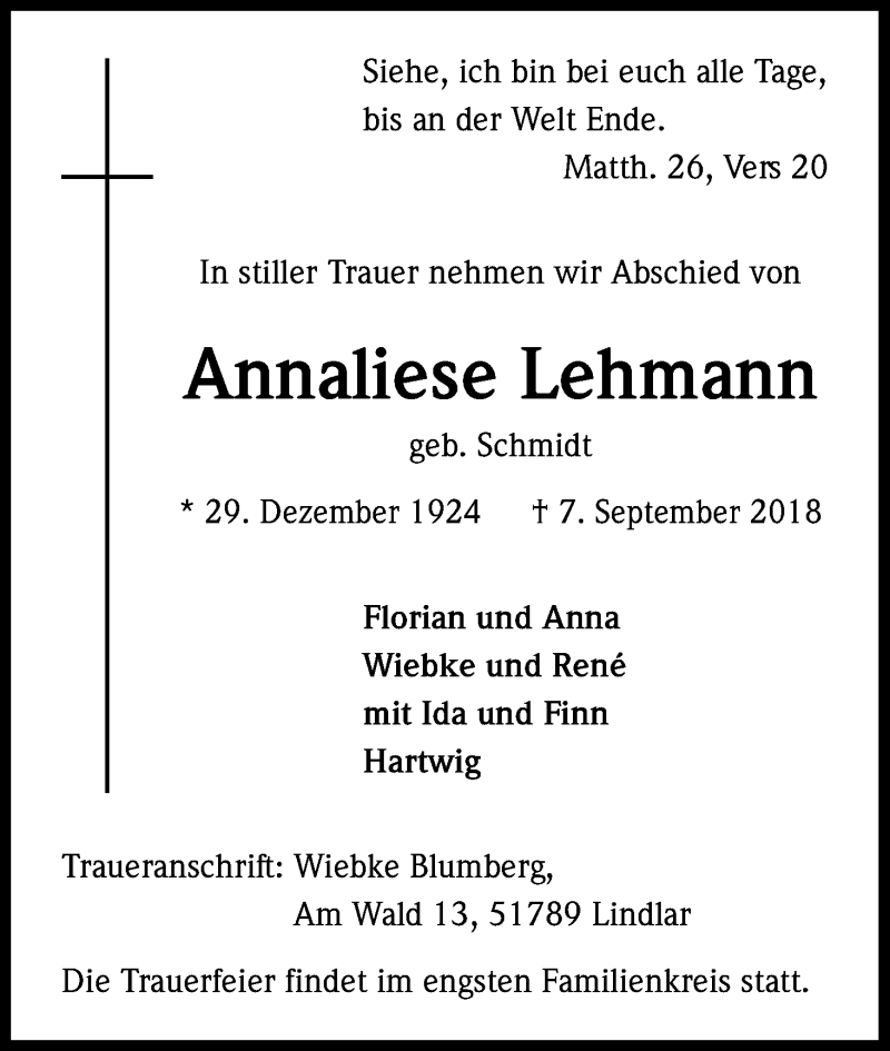  Traueranzeige für Annaliese Lehmann vom 12.09.2018 aus Kölner Stadt-Anzeiger / Kölnische Rundschau / Express