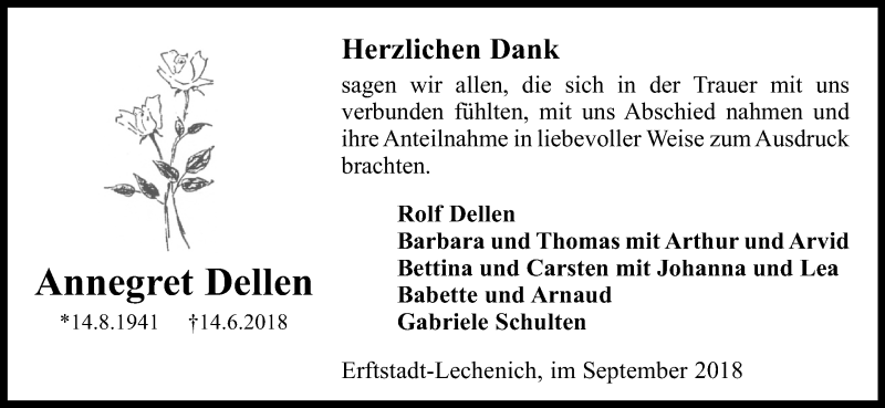  Traueranzeige für Annegret Dellen vom 22.09.2018 aus Kölner Stadt-Anzeiger / Kölnische Rundschau / Express