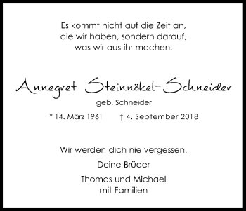 Anzeige von Annegret Steinnökel-Schneider von Kölner Stadt-Anzeiger / Kölnische Rundschau / Express