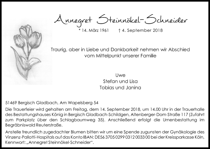  Traueranzeige für Annegret Steinnökel-Schneider vom 08.09.2018 aus Kölner Stadt-Anzeiger / Kölnische Rundschau / Express