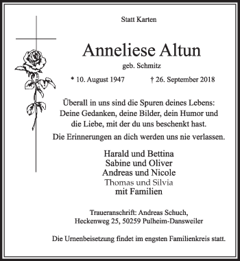 Anzeige von Anneliese Altun von  Sonntags-Post 