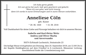 Anzeige von Anneliese Cöln von  Werbepost 