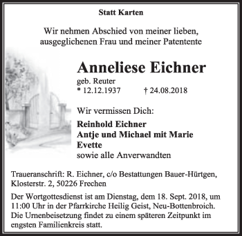 Anzeige von Anneliese Eichner von  Sonntags-Post 