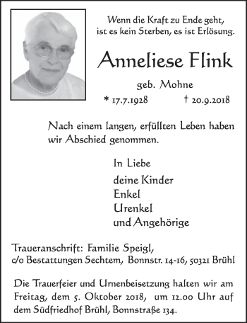 Anzeige von Anneliese Flink von  Schlossbote/Werbekurier 